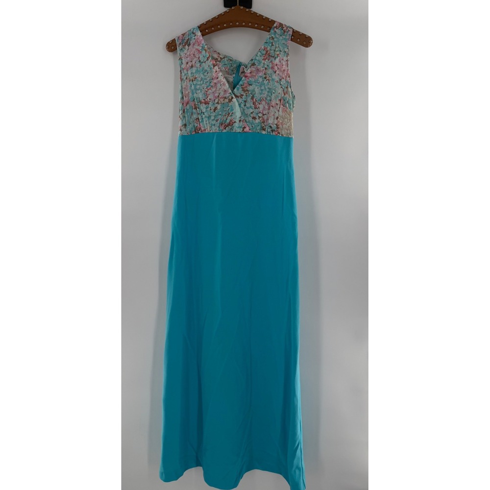 Vintage Montgomery Ward Turquoise Floral Empire Waist Maxi Dress Sleeveless
